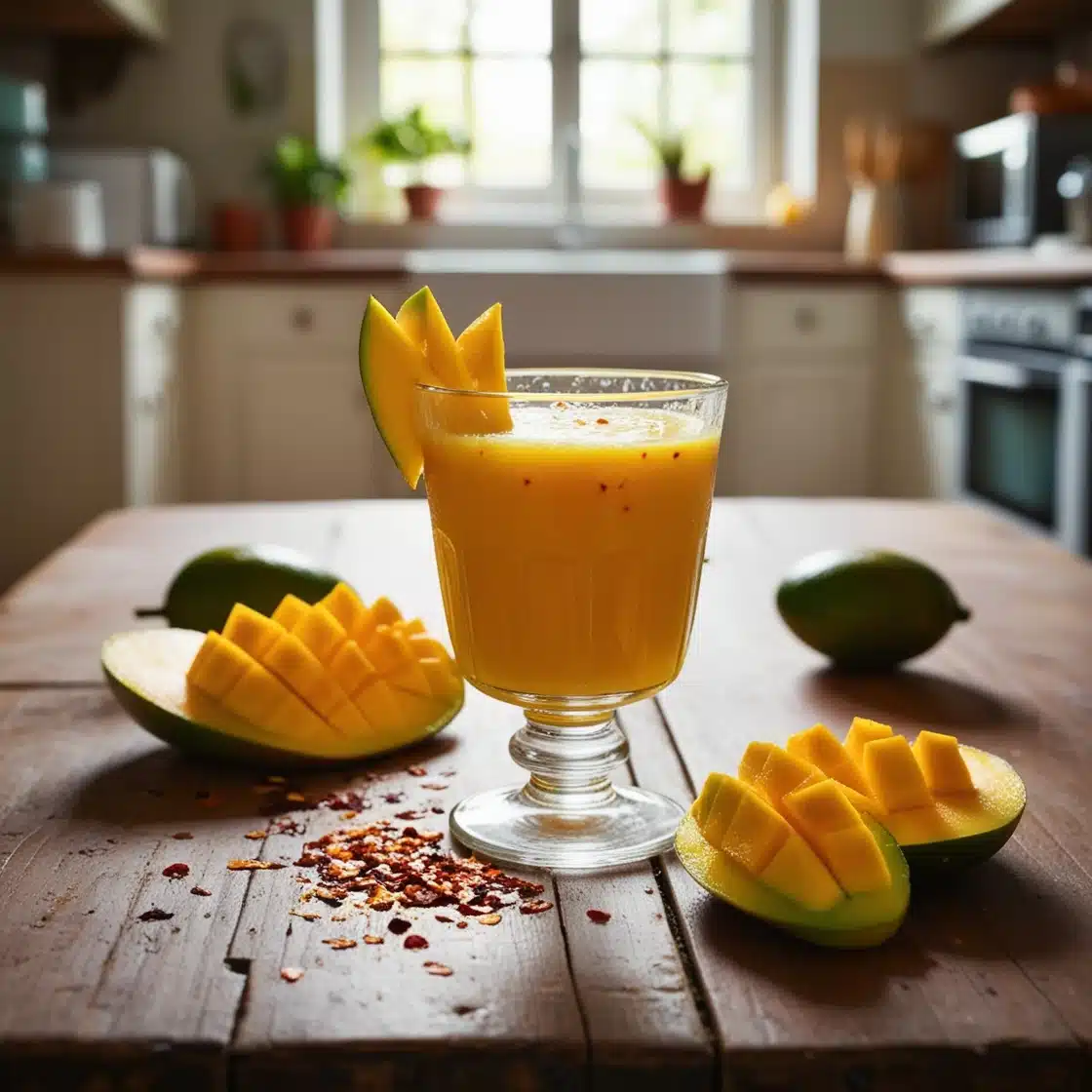 Glass of Spicy Fresh Mango Juice garnished with chili flakes and fresh mango slices