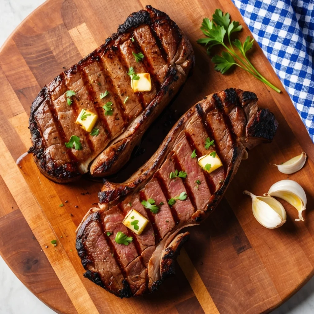 A perfectly seared ribeye steak on a cast iron skillet.