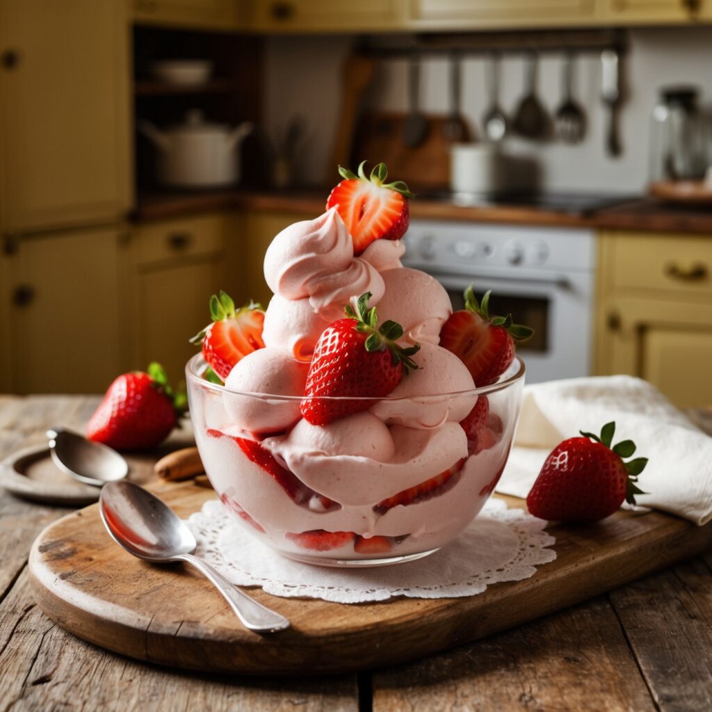 Sliced semifreddo with fresh strawberries on a plate, perfect for summer dessert.