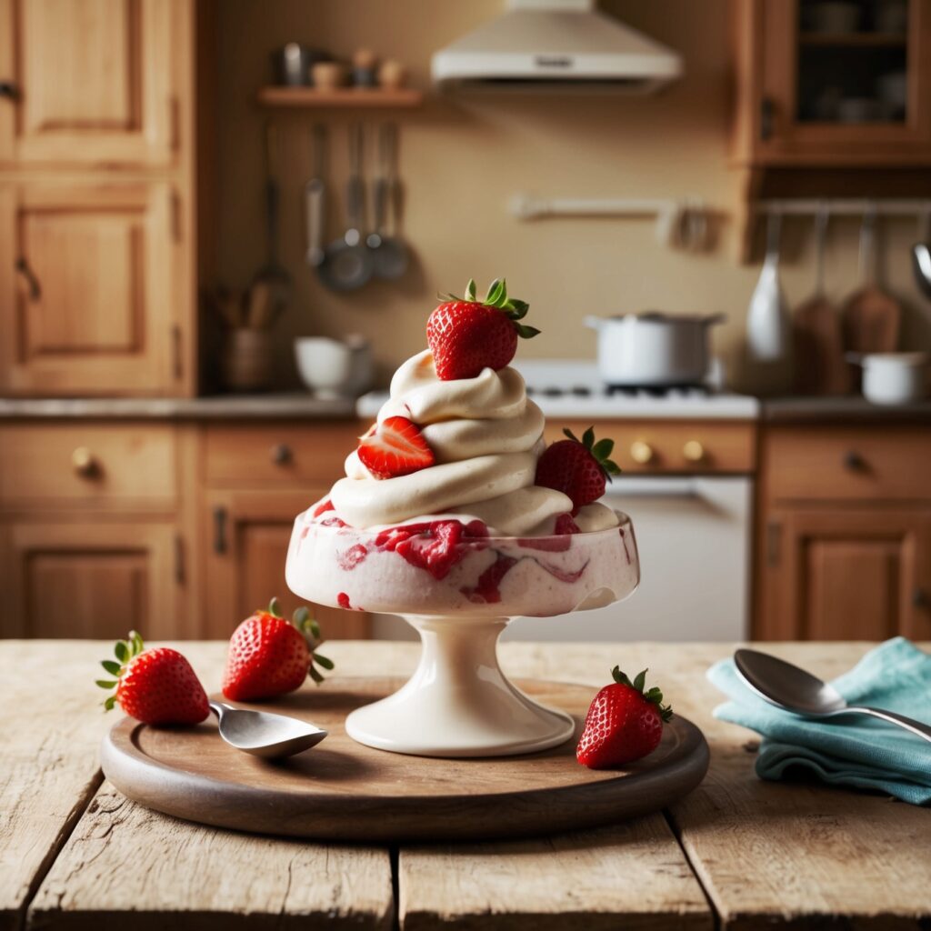 Close-up of semifreddo with fresh strawberries and a sprig of mint on top.