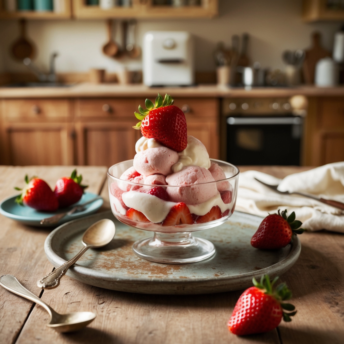 Strawberries and cream semifreddo topped with fresh strawberries and mint leaves.