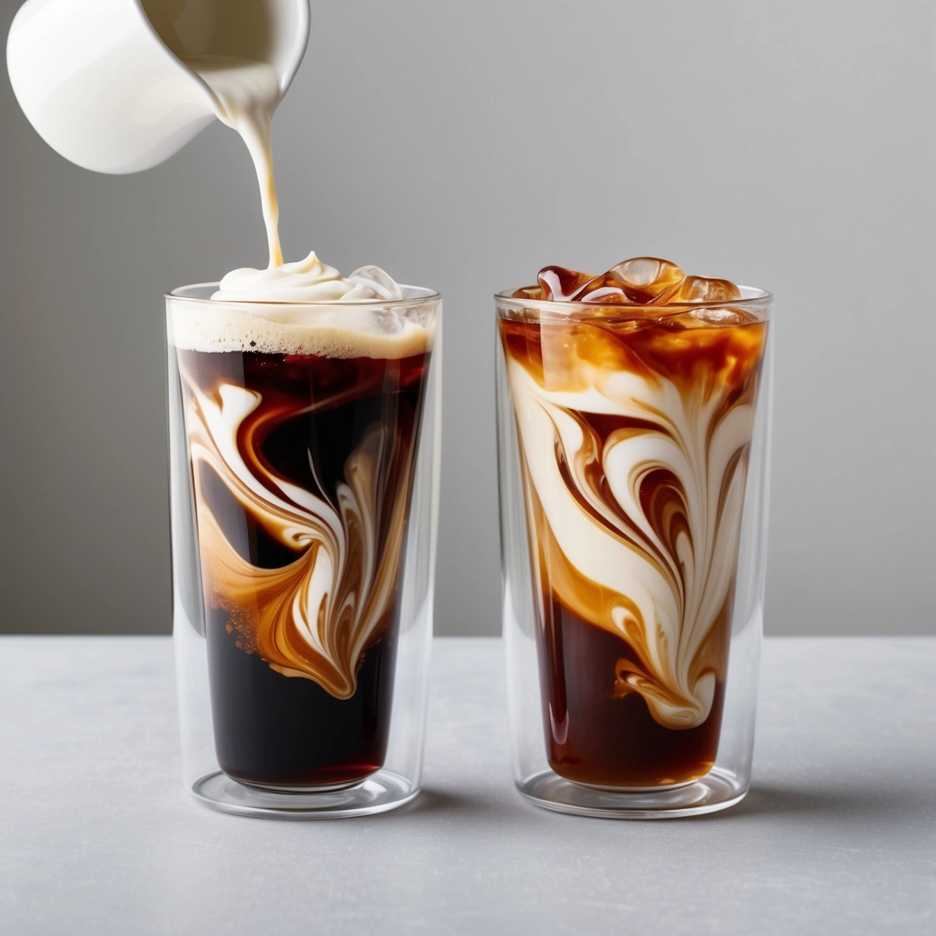 Chilled glass of Thai Iced Tea (Cha Yen) with milk swirling through black tea and ice.