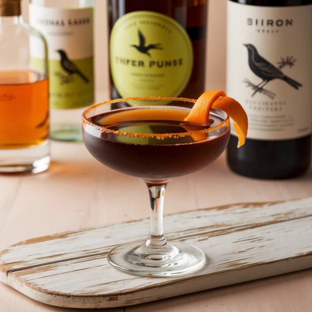 Ingredients for a Toronto Cocktail laid out, including rye whiskey, Fernet, and simple syrup.