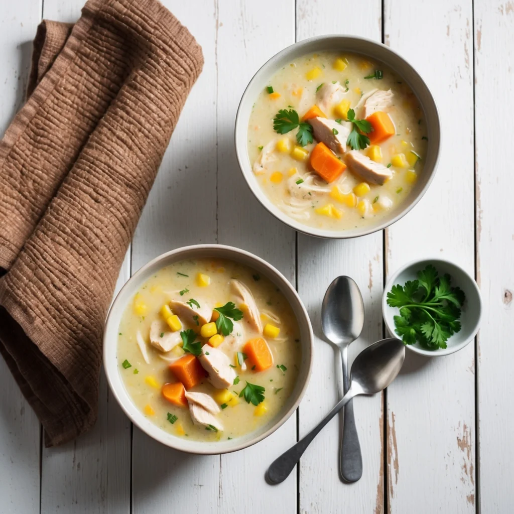 Turkey Corn Chowder served in a white bowl, topped with chopped bacon and green onions.