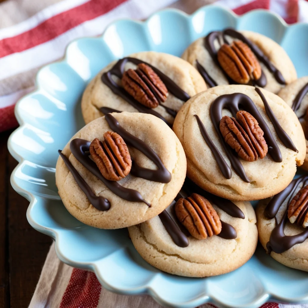 Close-up of Turtle Cookie Cups topped with pecans, chocolate, and caramel drizzle.