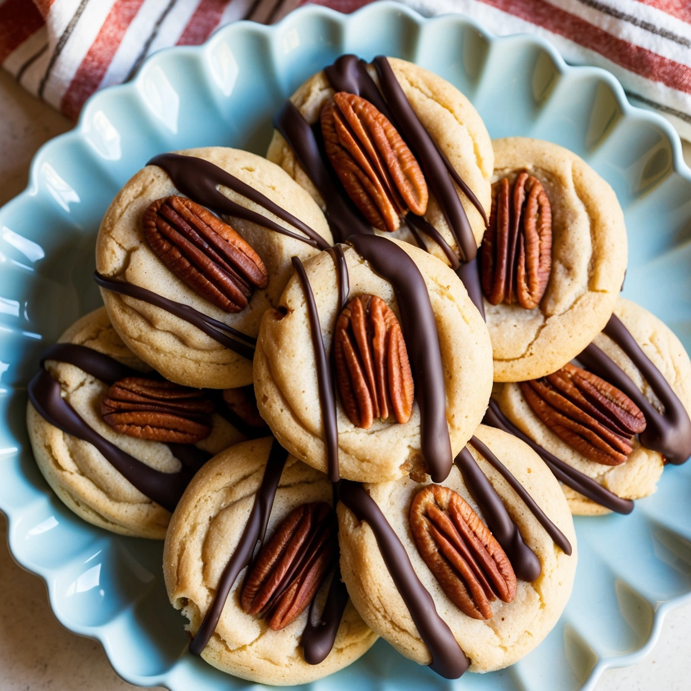 Bite-sized Turtle Cookie Cups with caramel filling, pecans, and chocolate drizzle.