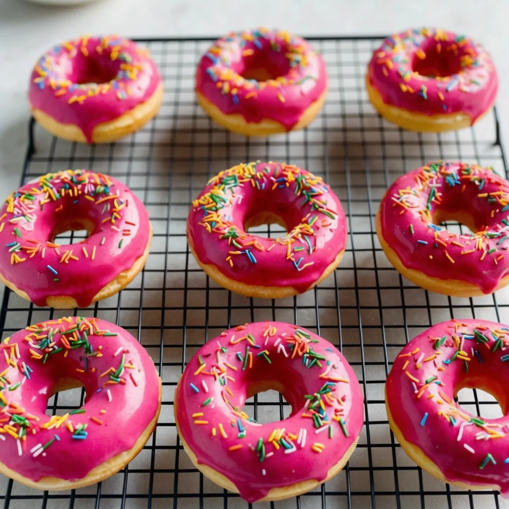 Freshly baked vanilla-glazed donuts on a wire rack.