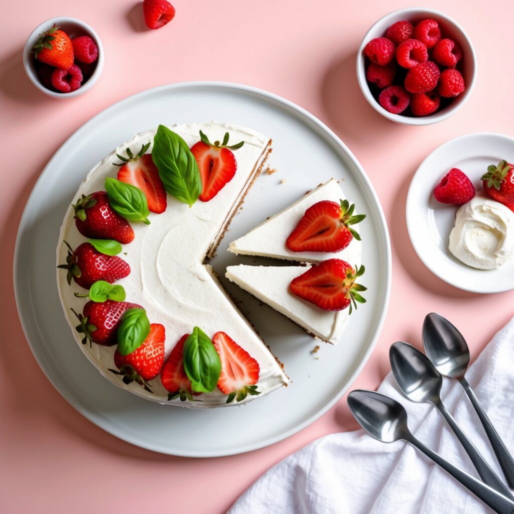 Rich and creamy vegan cheesecake topped with a mix of fresh berries and a mint leaf.