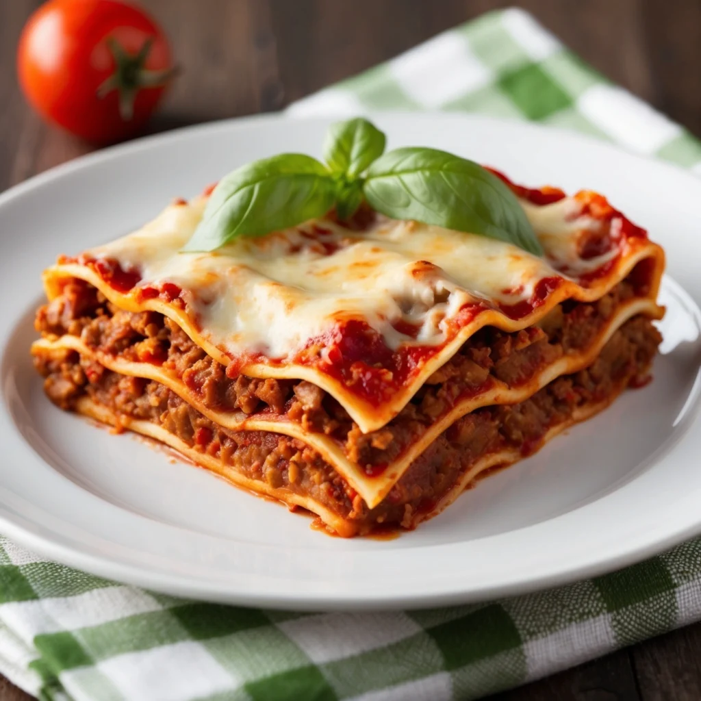 Close-up of lasagna layers with cheese melting over hearty beef and sausage filling.