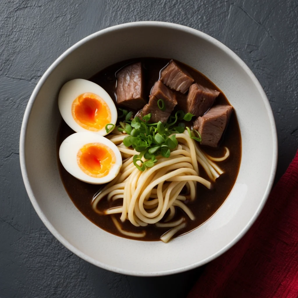 A steaming bowl of Yakamein Noodle Soup garnished with green onions and served with a spoon.