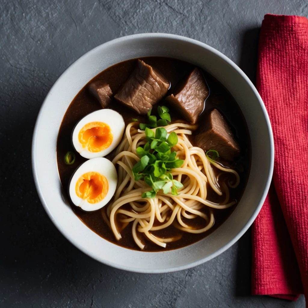 Yakamein Noodle Soup in a bowl with beef and noodles, ready to serve with crusty bread.