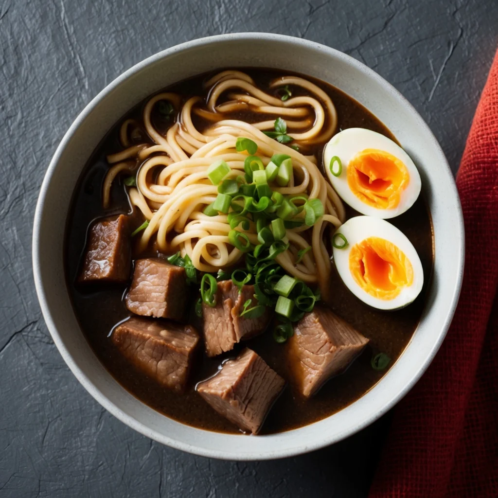 Close-up of Yakamein Noodle Soup with tender beef, noodles, and Creole-seasoned broth.