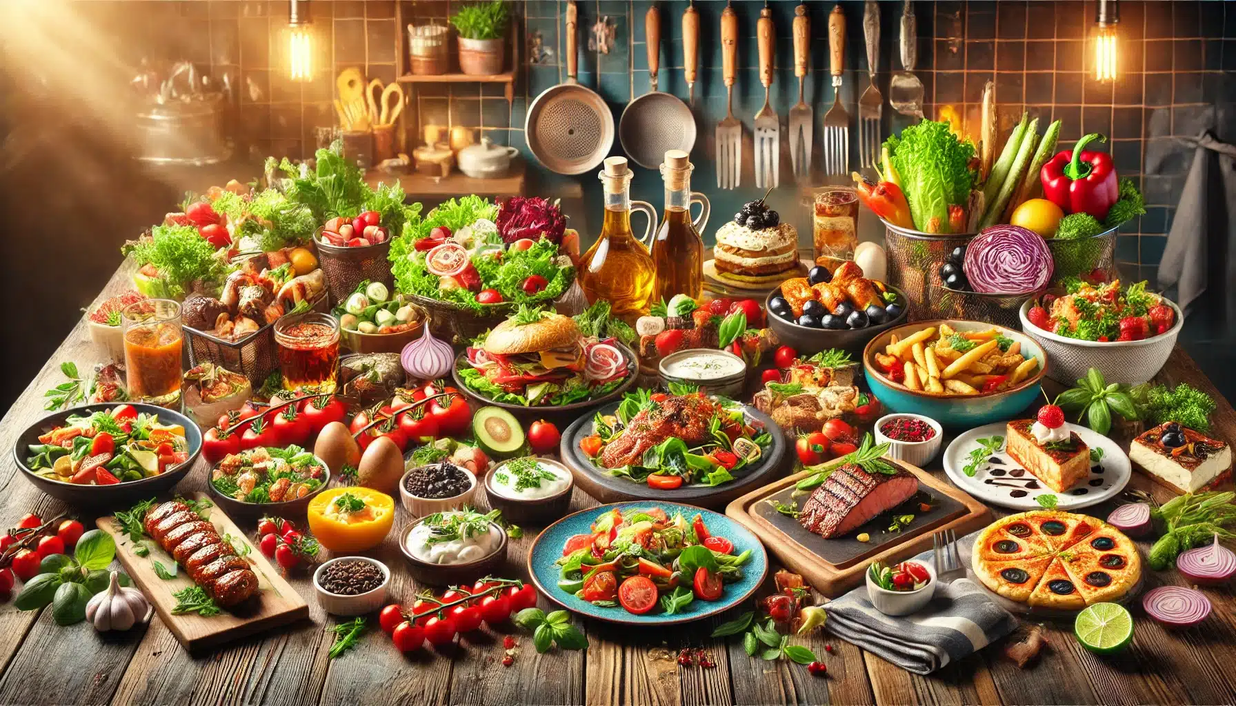 An assortment of colorful dishes from different cuisines, including salads, grilled meats, pastas, and desserts, arranged on a wooden table with fresh ingredients in the background.