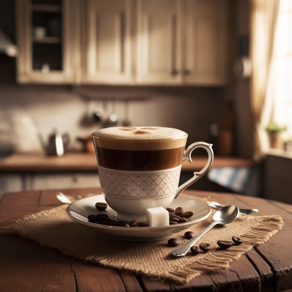 A warm mug of brandy coffee topped with a swirl of cream and garnished with orange rind, set against a cozy backdrop of winter decor.