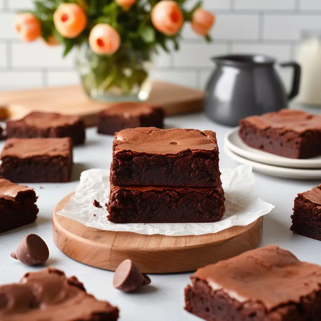 A batch of fudgy homemade brownies with a shiny, crackly top, sliced into squares and served on a rustic wooden board.