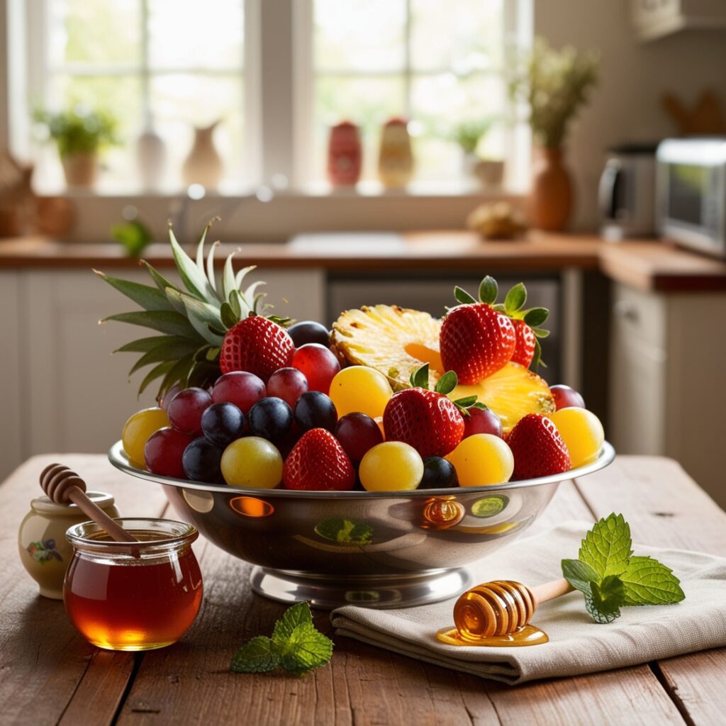 A vibrant bowl of classic fruit salad featuring fresh strawberries, pineapple, blueberries, grapes, cantaloupe, kiwi, and mandarin oranges drizzled with a honey-lime dressing.