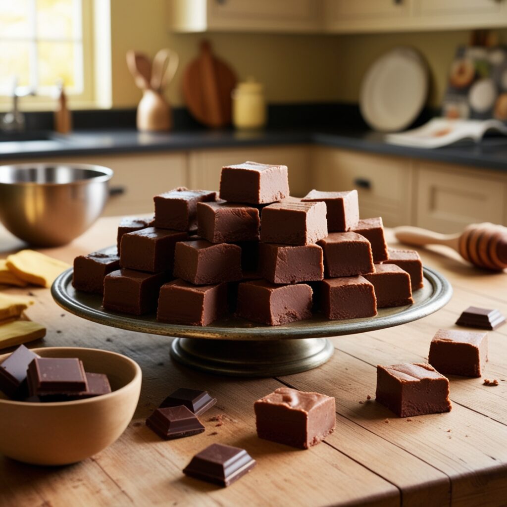 Homemade classic fudge squares, showcasing a smooth texture and chocolatey richness, with a sprinkle of nuts, ideal for gifting or indulging during the holidays.