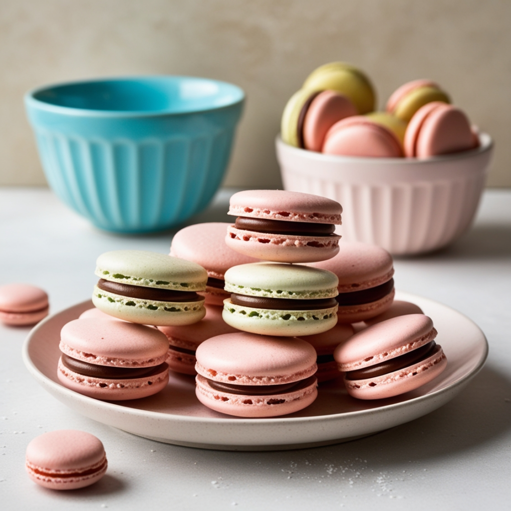 Close-up of freshly baked macaron shells on parchment paper, ready to be filled with buttercream and ganache.