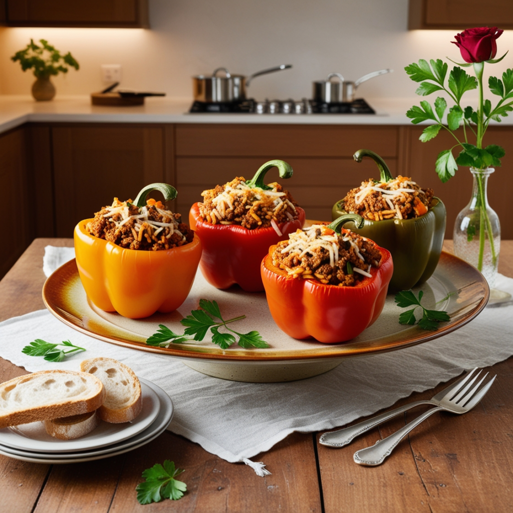 Freshly baked stuffed peppers filled with ground beef, rice, and cheese, served on a white plate with a side salad.