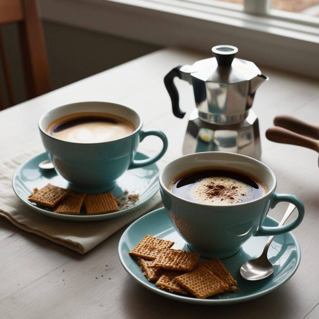 A warm cup of Passover Coffee with crumbled matzos floating in creamy cinnamon-flavored milk, served in a rustic mug on a wooden table.