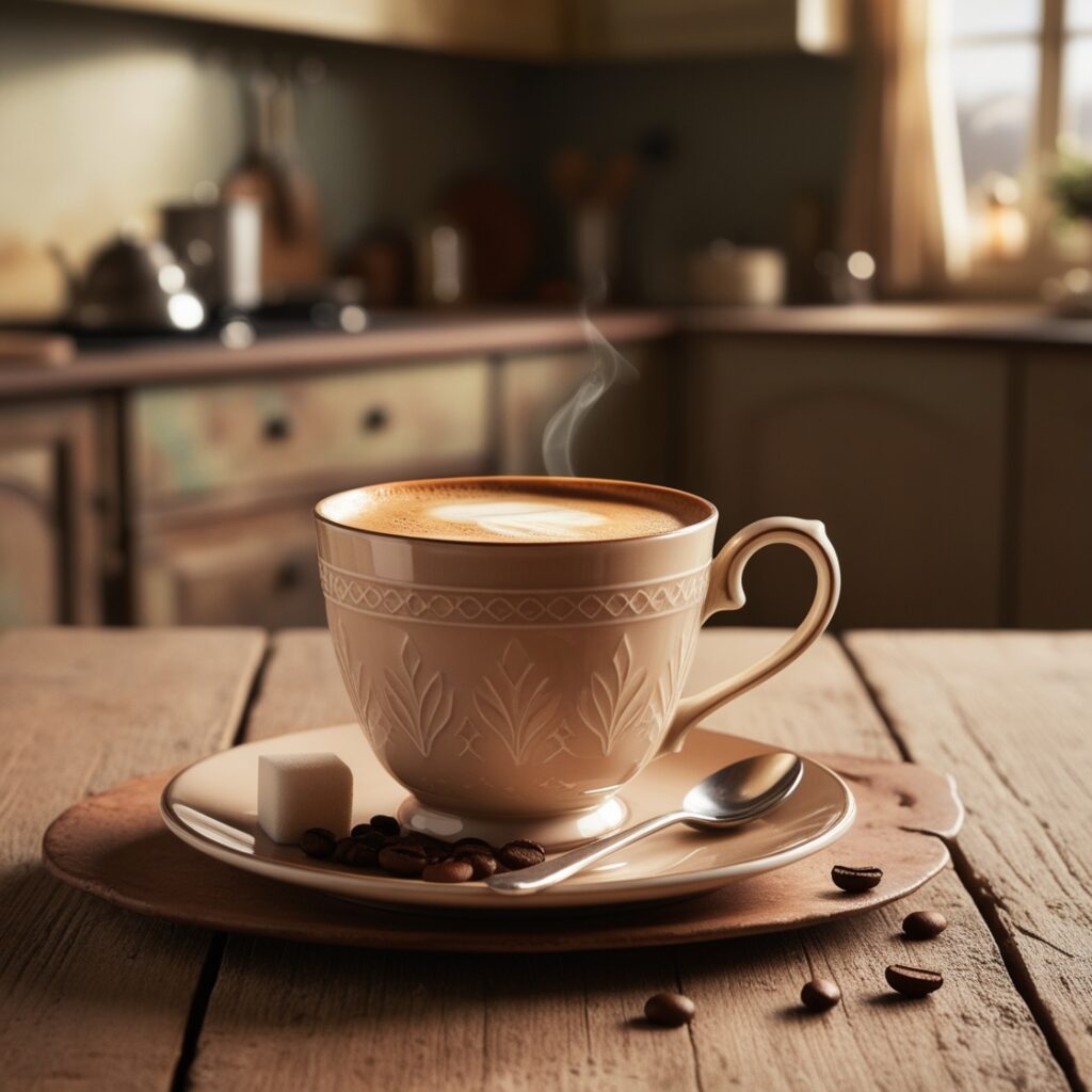 A close-up of a steaming cup of brandy coffee in a glass holder, highlighting the rich color and creamy texture, with coffee beans and an orange slice beside it.