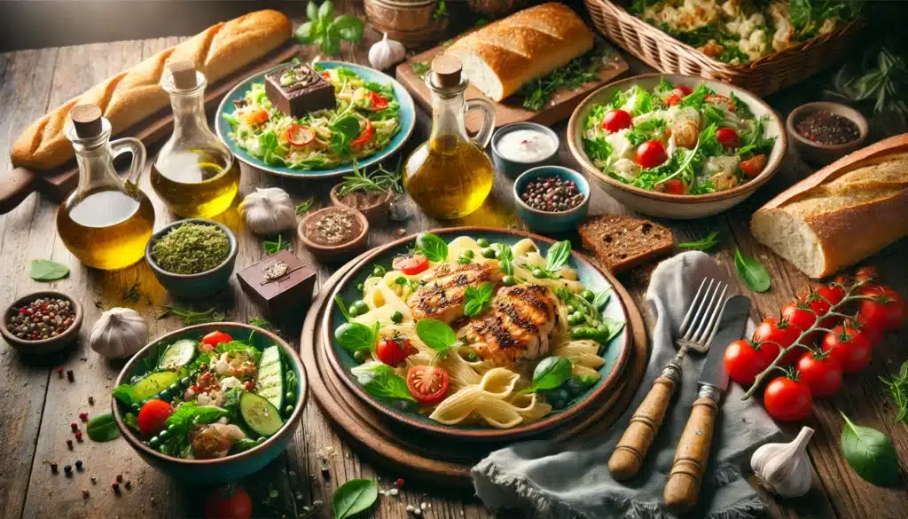 Delicious home-cooked meal with creamy pasta, fresh green salad, grilled chicken, and decadent chocolate dessert on a rustic wooden table, surrounded by fresh bread, olive oil, and herbs.