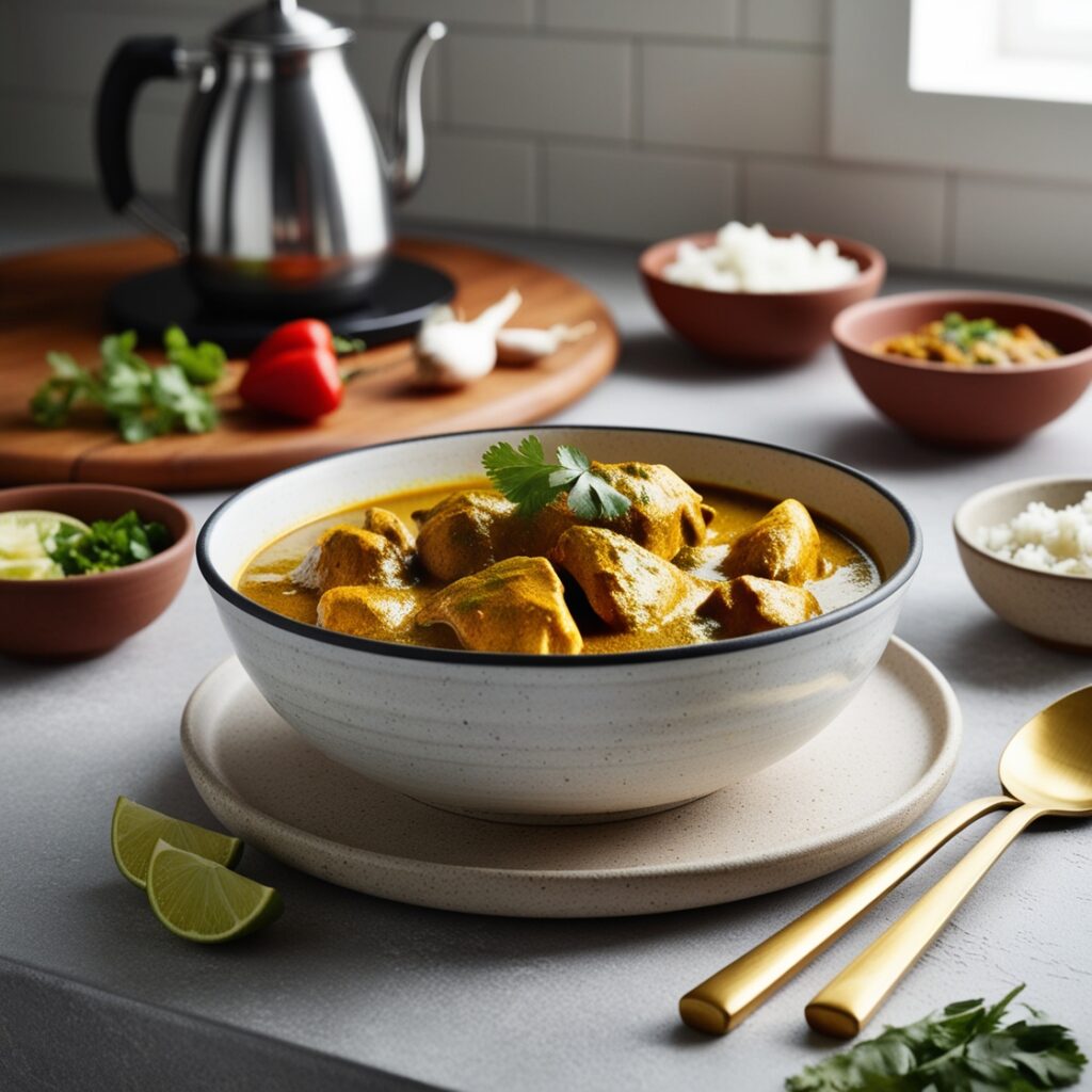 Homemade chicken curry served with fresh cilantro garnish over basmati rice in a bowl.