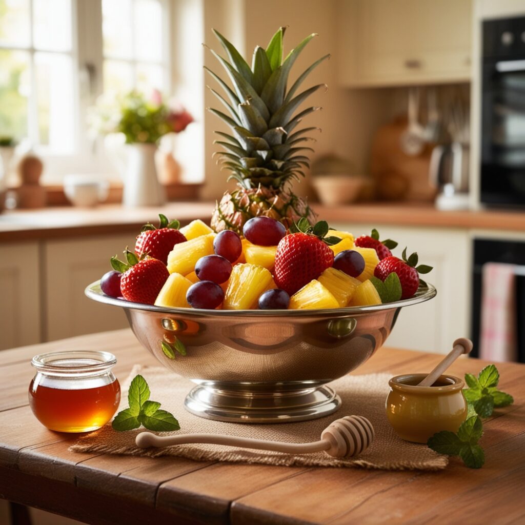 Close-up of a refreshing classic fruit salad, showcasing an array of colorful fruits topped with a sweet honey-lime dressing, perfect for summer gatherings.