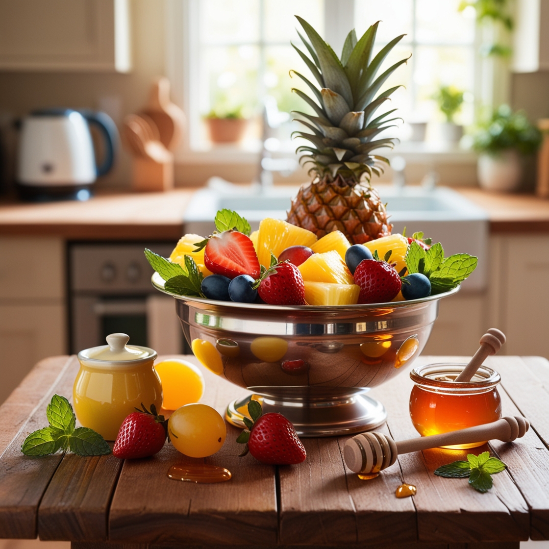 Colorful bowl of classic fruit salad drizzled with honey, featuring a variety of fresh fruits like strawberries, blueberries, kiwi, and pineapple.