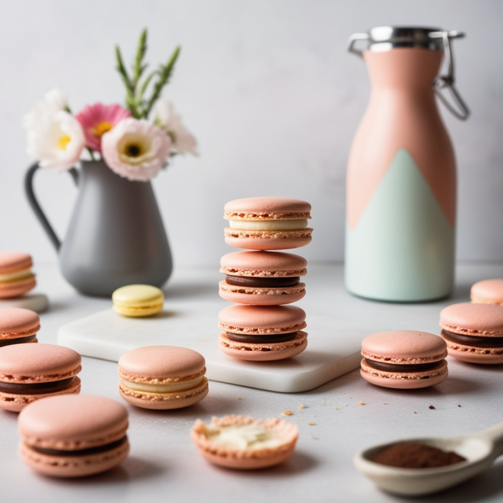 Colorful French macarons arranged on a cooling rack, with smooth tops and vibrant filling.