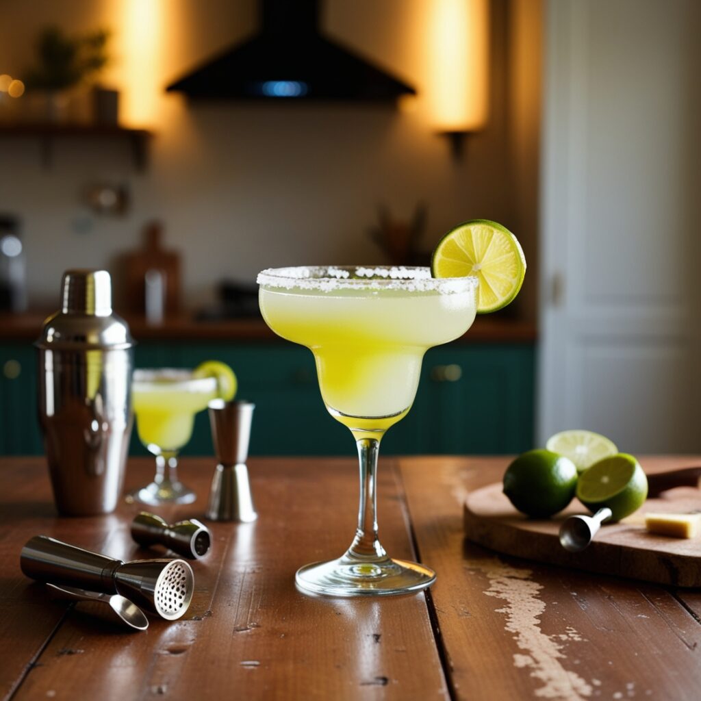 Classic margarita served in a salt-rimmed glass with lime wedge garnish.