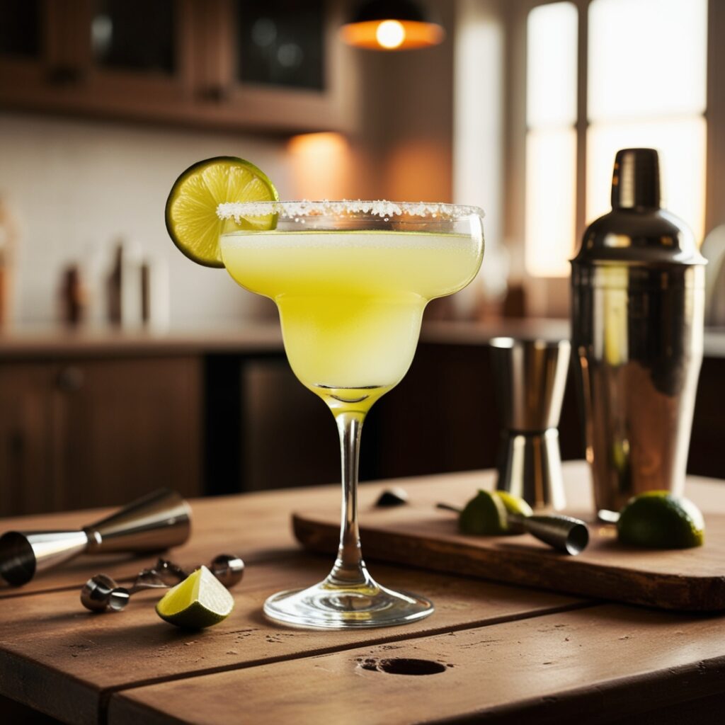 Refreshing homemade margarita with lime, tequila, and Cointreau on a wooden table.