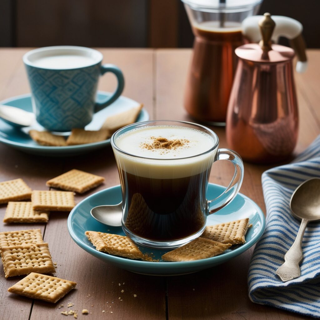 Close-up of Passover Coffee, featuring pieces of matzo soaked in frothy, spiced milk, with a sprinkle of cinnamon on top, perfect for a comforting holiday morning.