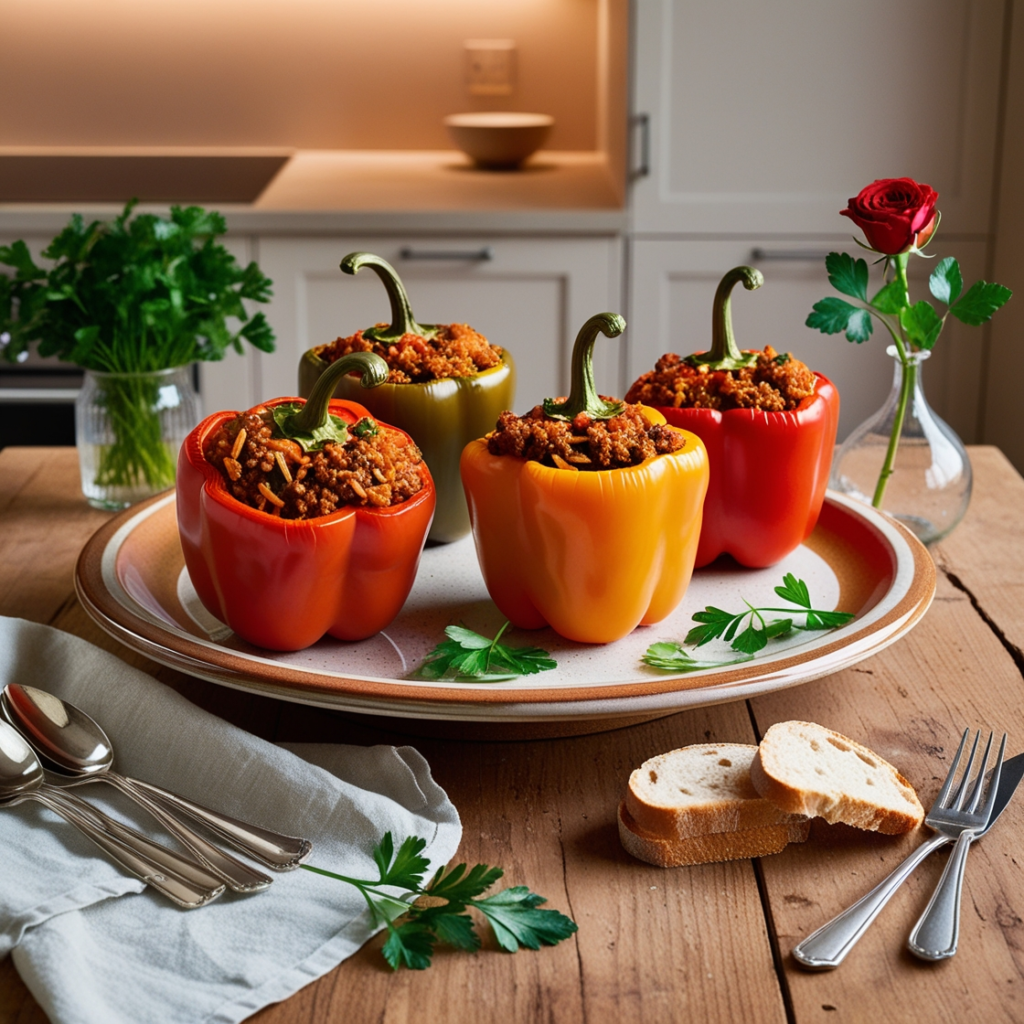 Classic stuffed peppers filled with ground beef, rice, and vegetables, topped with golden melted cheese, served in a baking dish.