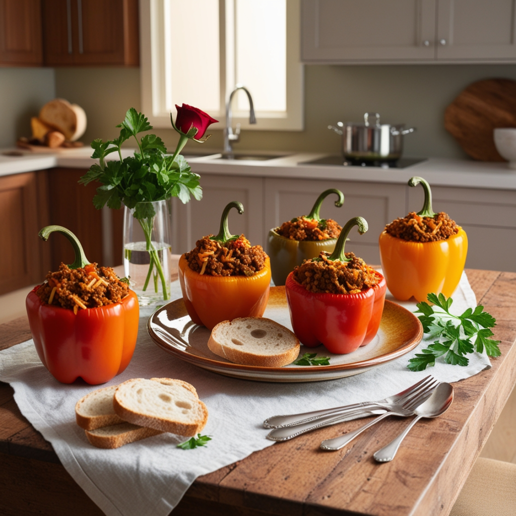 Colorful stuffed bell peppers filled with savory ground meat, rice, and vegetables, topped with melted cheese in a baking dish.