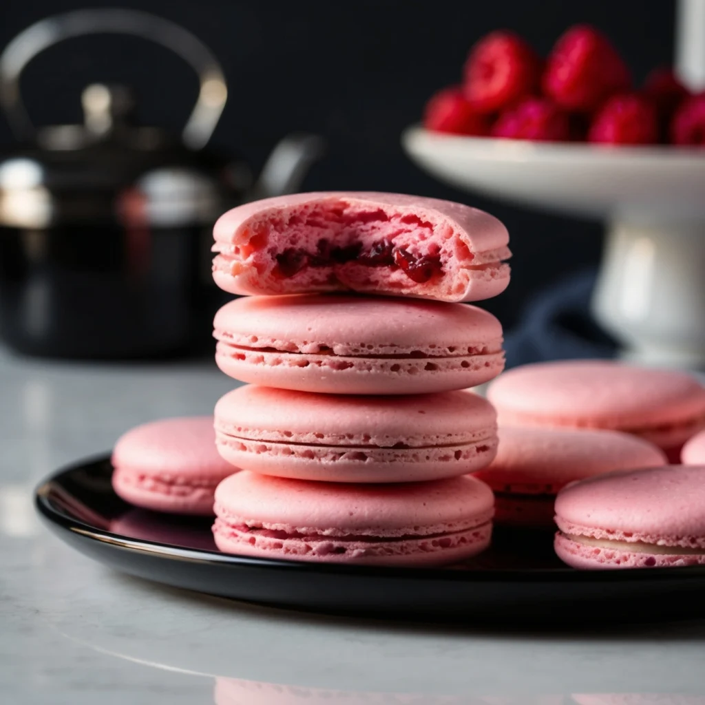 Raspberry macarons with smooth shells and raspberry filling on a tray