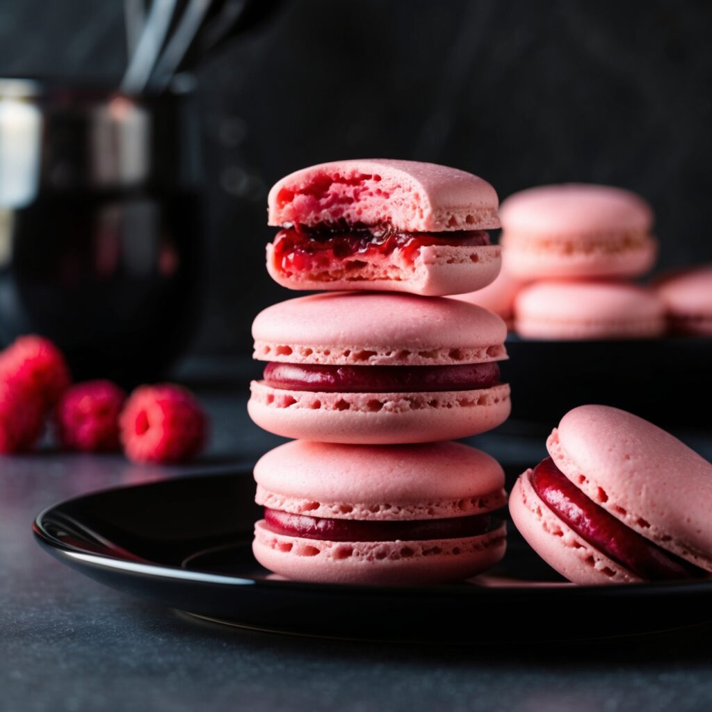 Close-up of raspberry macarons with vibrant pink shells and filling