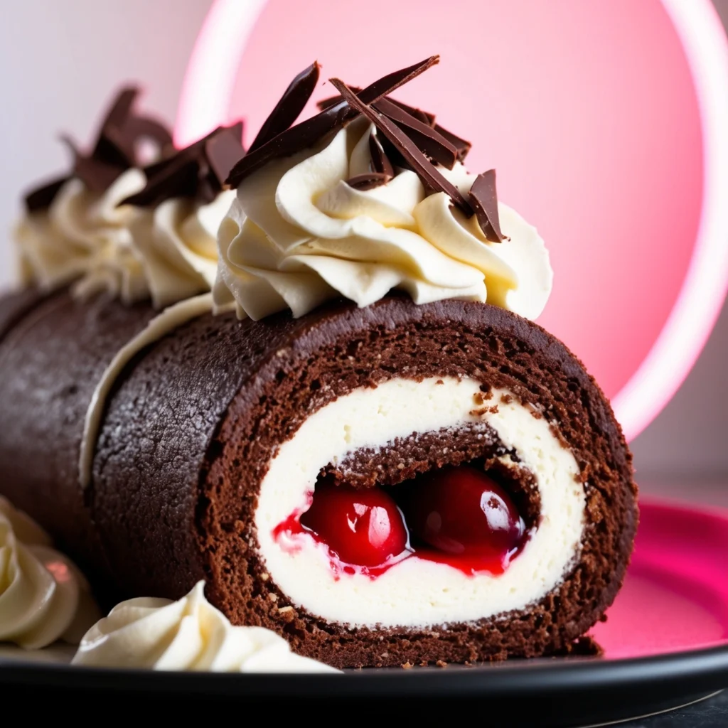 Decorated Black Forest roll cake with whipped cream and cherries on top