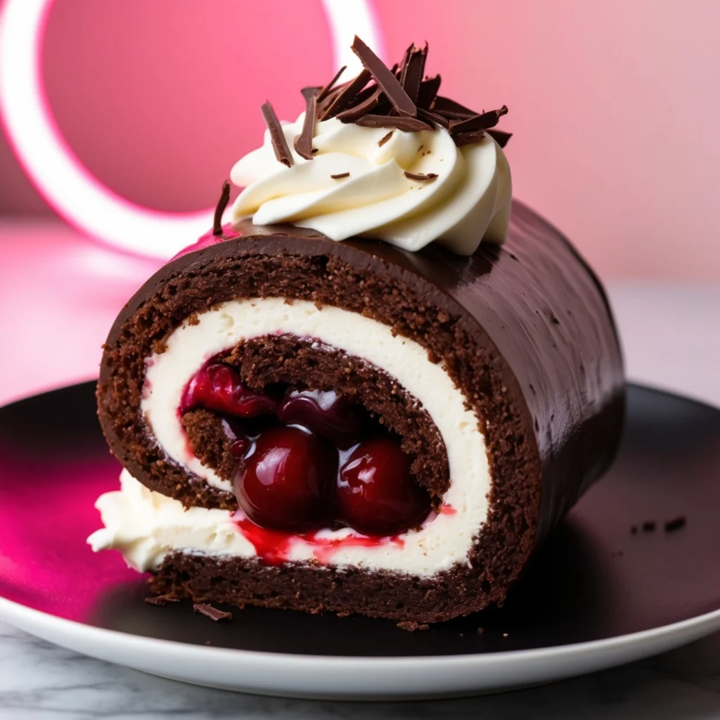 Black Forest roll cake with chocolate shavings and cherries