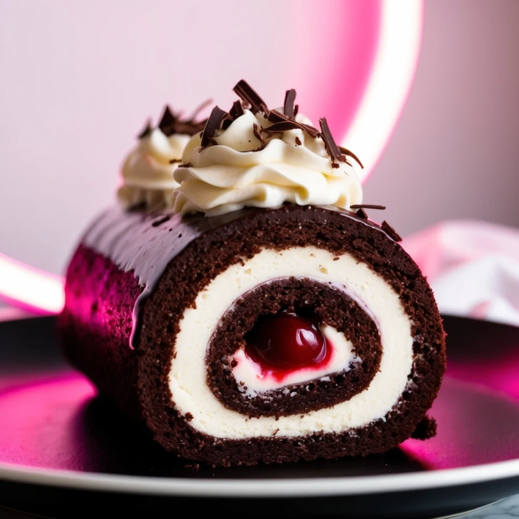 Sliced Black Forest roll cake showing layers of cream and cherries