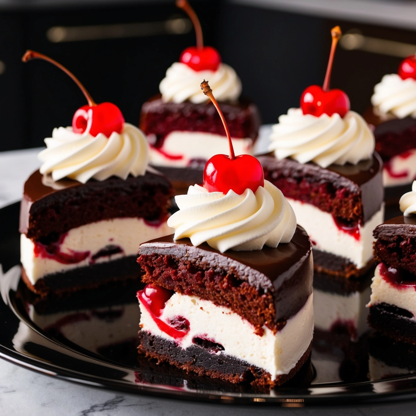 Close-up of layered Black Forest tiramisu in a dish