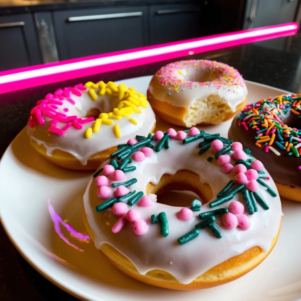 Stacked classic glazed doughnuts with sprinkles and chocolate drizzle