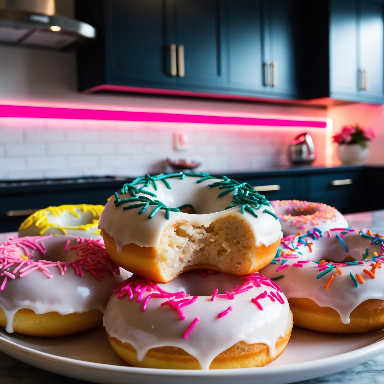 Close-up of classic glazed doughnuts with crackling glaze