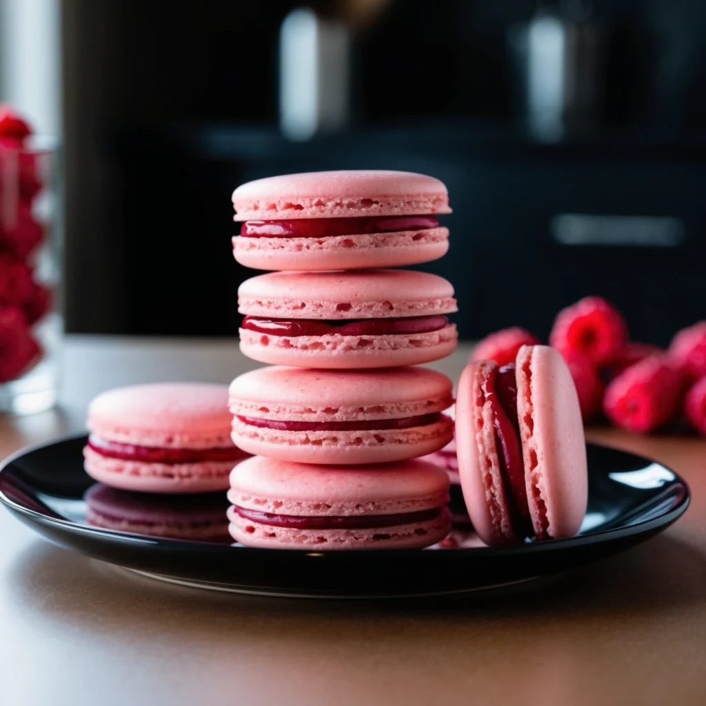 Raspberry macarons stacked on a plate with raspberry jam filling