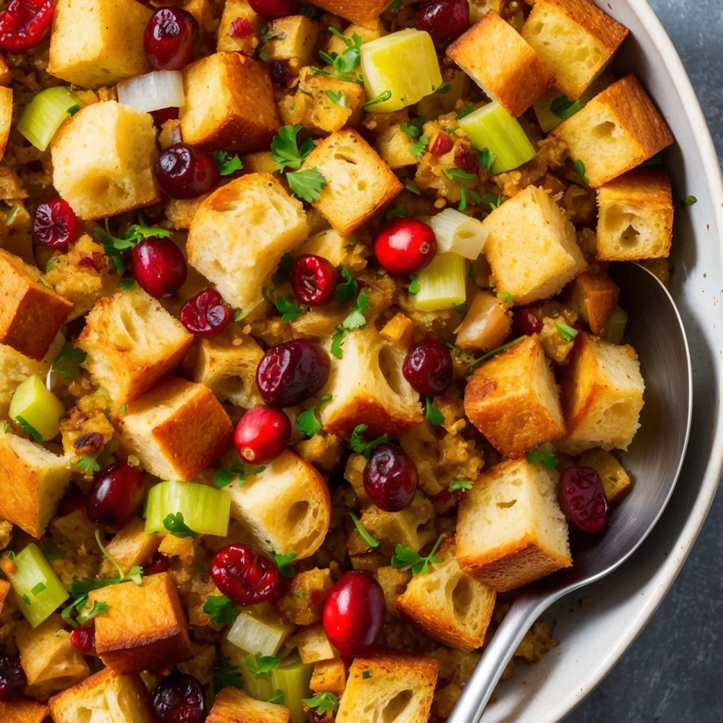 Easy Cranberry Stuffing with fresh herbs and cranberries