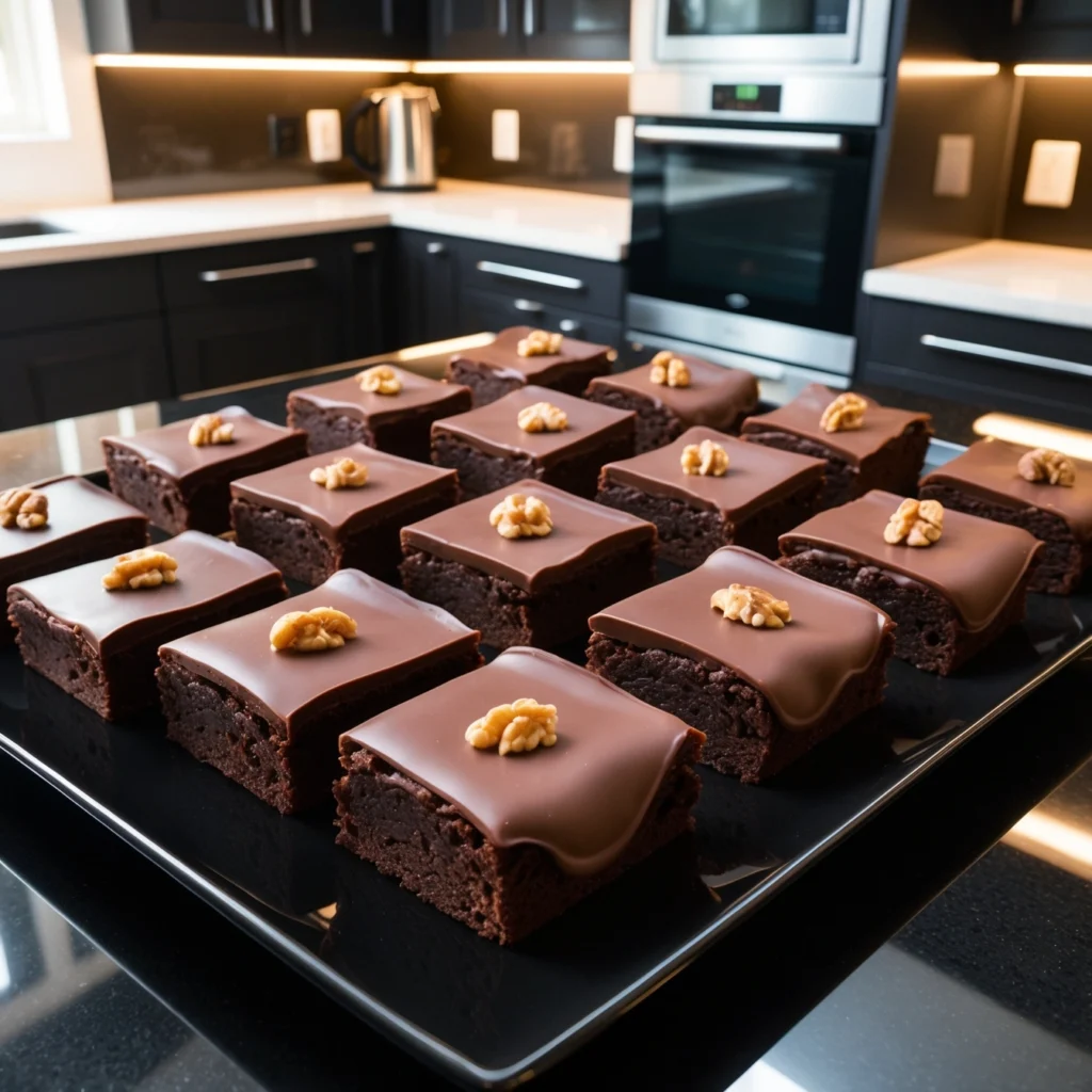 Close-up of Texas Sheet Cake with glossy chocolate frosting and chopped pecans