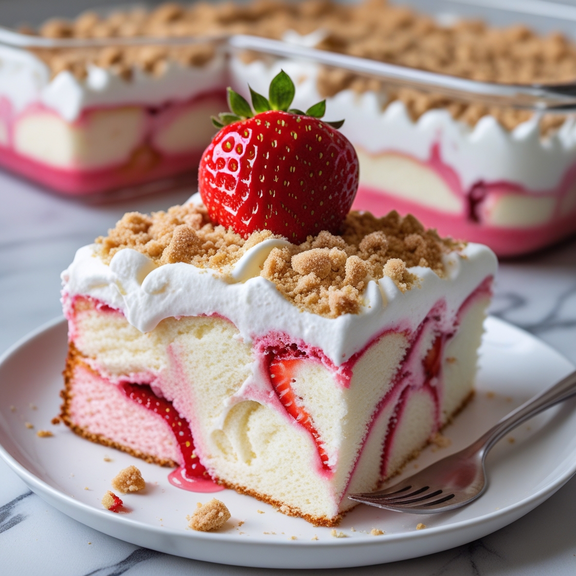 A delicious slice of Strawberry Crunch Poke Cake topped with whipped cream and crushed golden Oreo crumbs, served on a white plate.